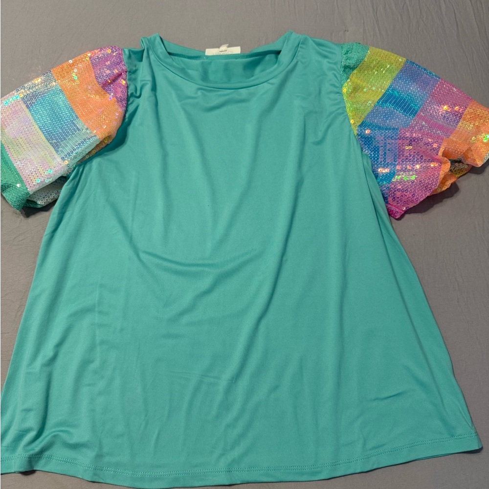 Teal Women's Top with Rainbow Sequin Sleeves